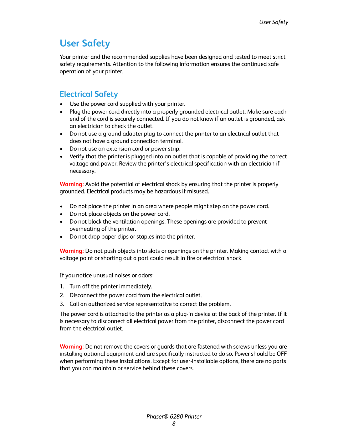 Xerox Phaser 6280 manual User Safety, Electrical Safety 