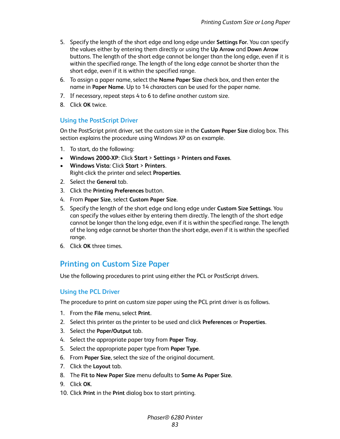 Xerox Phaser 6280 manual Printing on Custom Size Paper, Using the PostScript Driver 