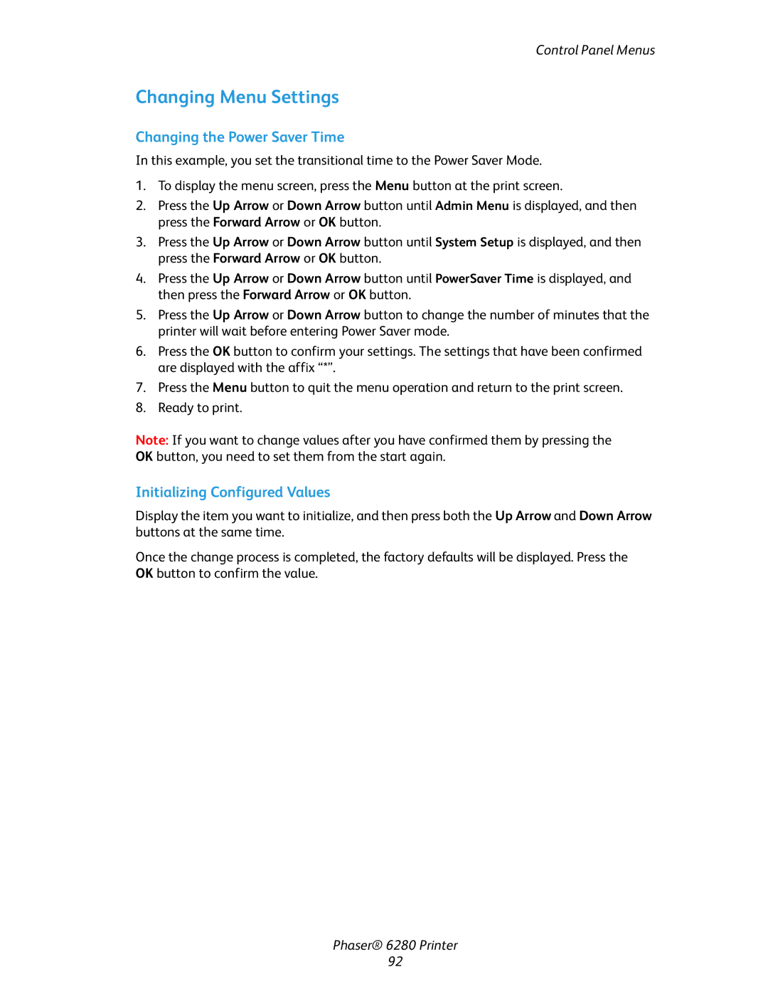 Xerox Phaser 6280 manual Changing Menu Settings, Changing the Power Saver Time, Initializing Configured Values 