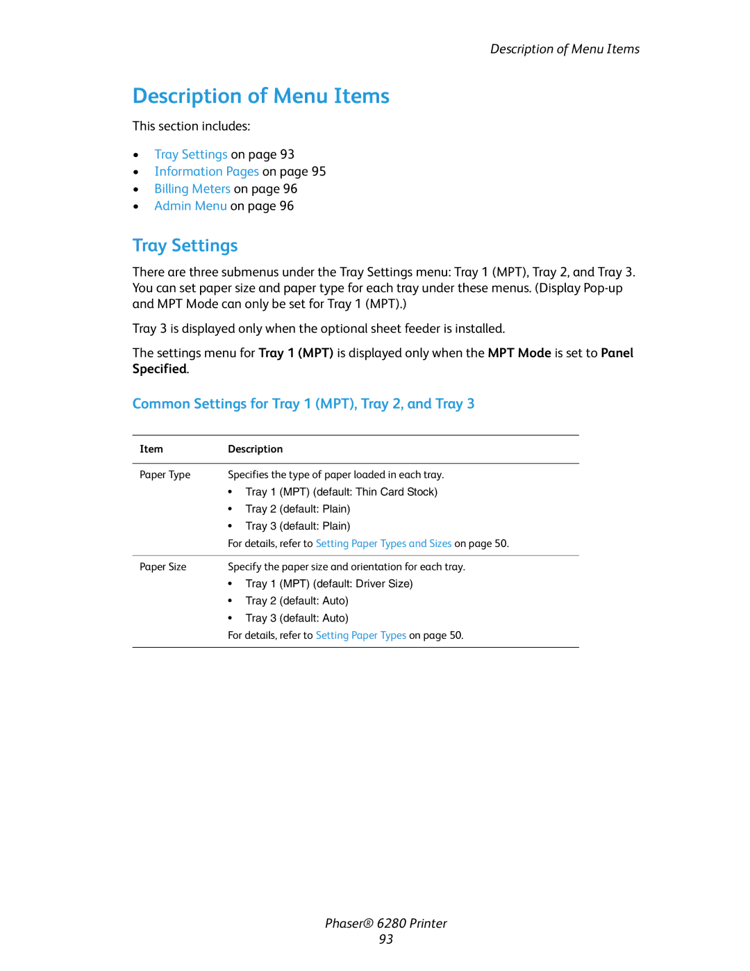 Xerox Phaser 6280 manual Description of Menu Items, Tray Settings, Common Settings for Tray 1 MPT, Tray 2, and Tray 