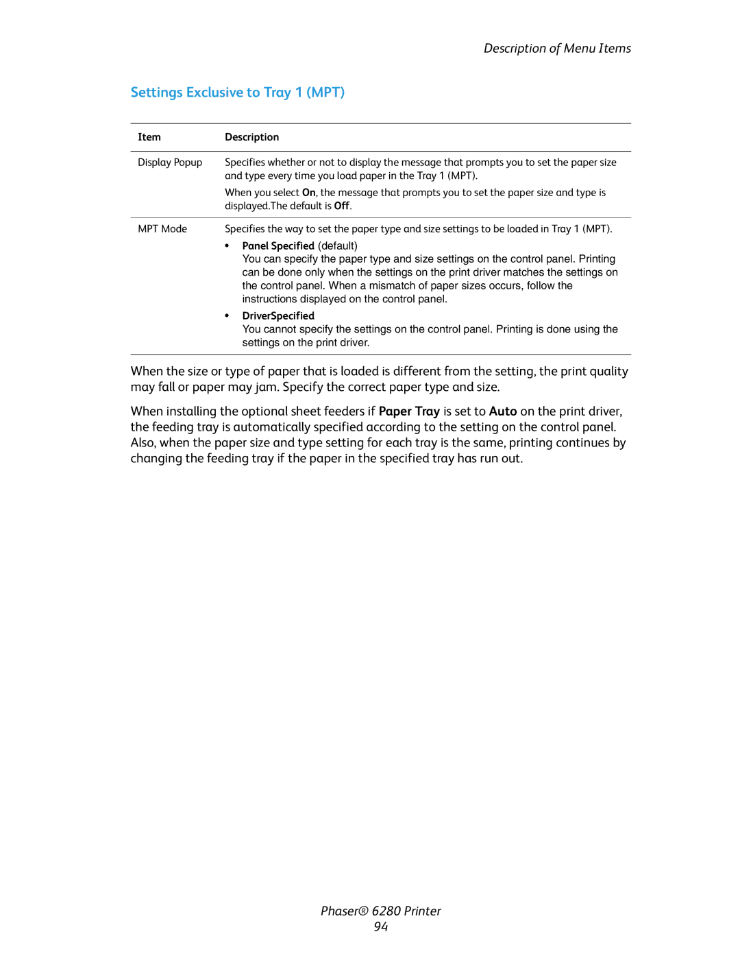 Xerox Phaser 6280 manual Settings Exclusive to Tray 1 MPT, Panel Specified default, DriverSpecified 