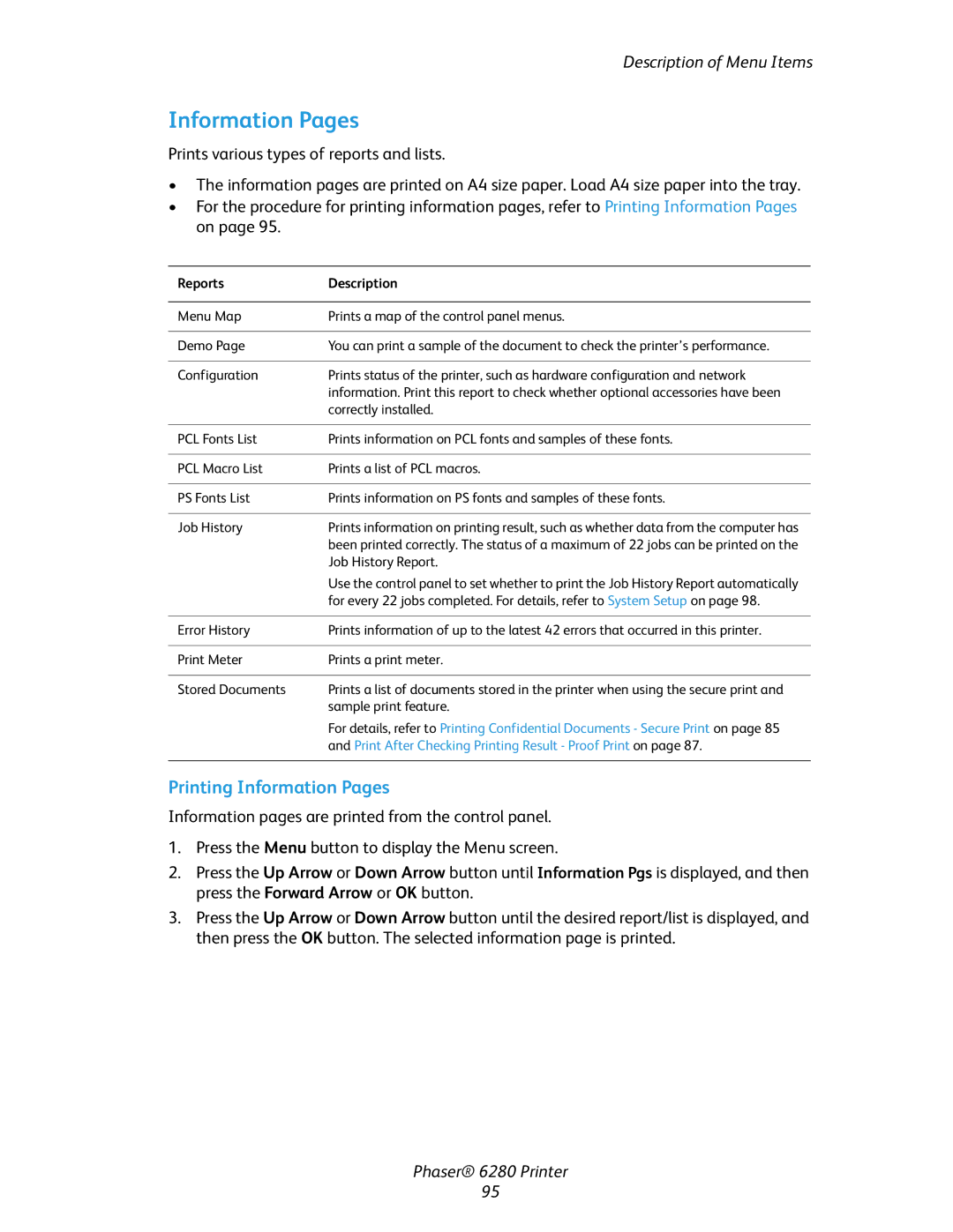 Xerox Phaser 6280 manual Printing Information Pages, Reports Description 