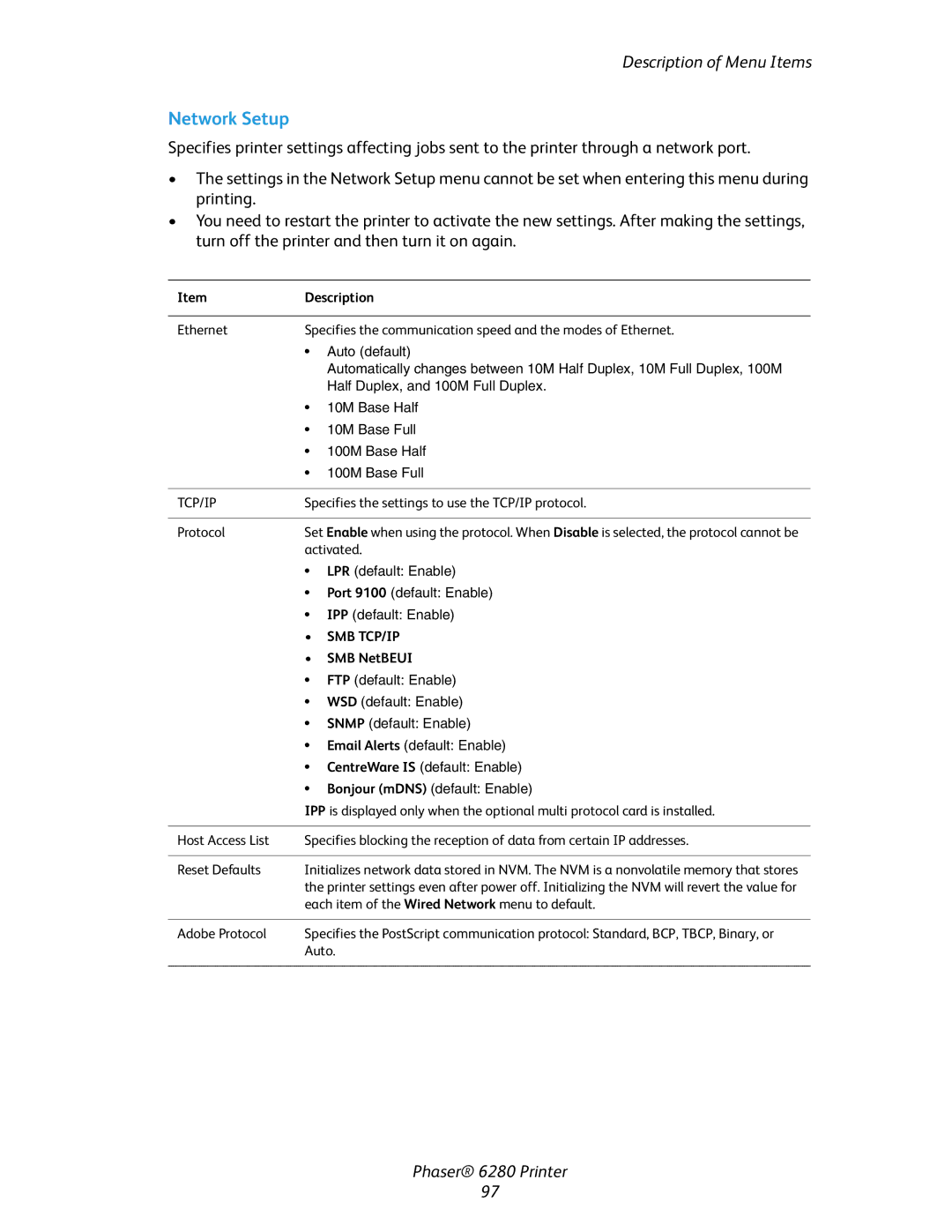 Xerox Phaser 6280 manual Network Setup, SMB NetBEUI 