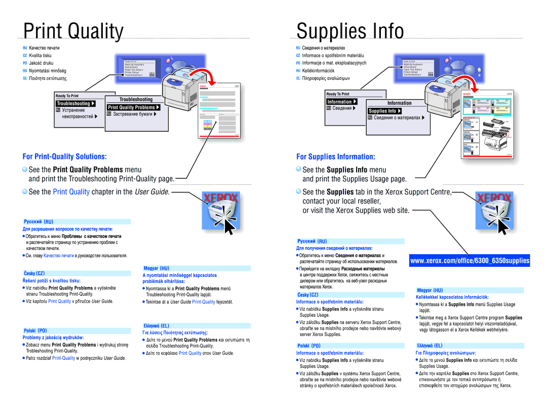 Xerox Phaser 6300/6350 manual Print Quality, For Print-Quality Solutions, For Supplies Information 