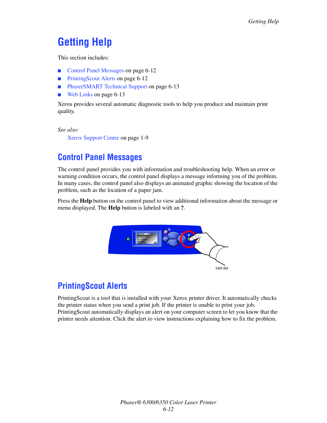 Xerox Phaser 6350, Phaser 6300 manual Getting Help, Control Panel Messages, PrintingScout Alerts 