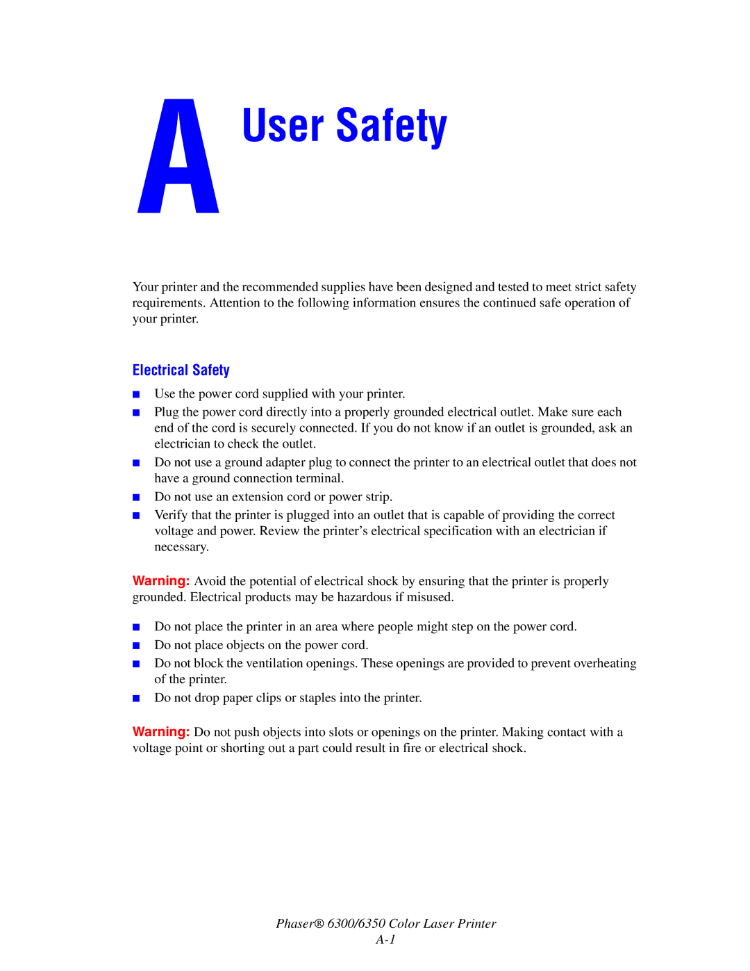 Xerox Phaser 6350, Phaser 6300 manual User Safety, Electrical Safety 