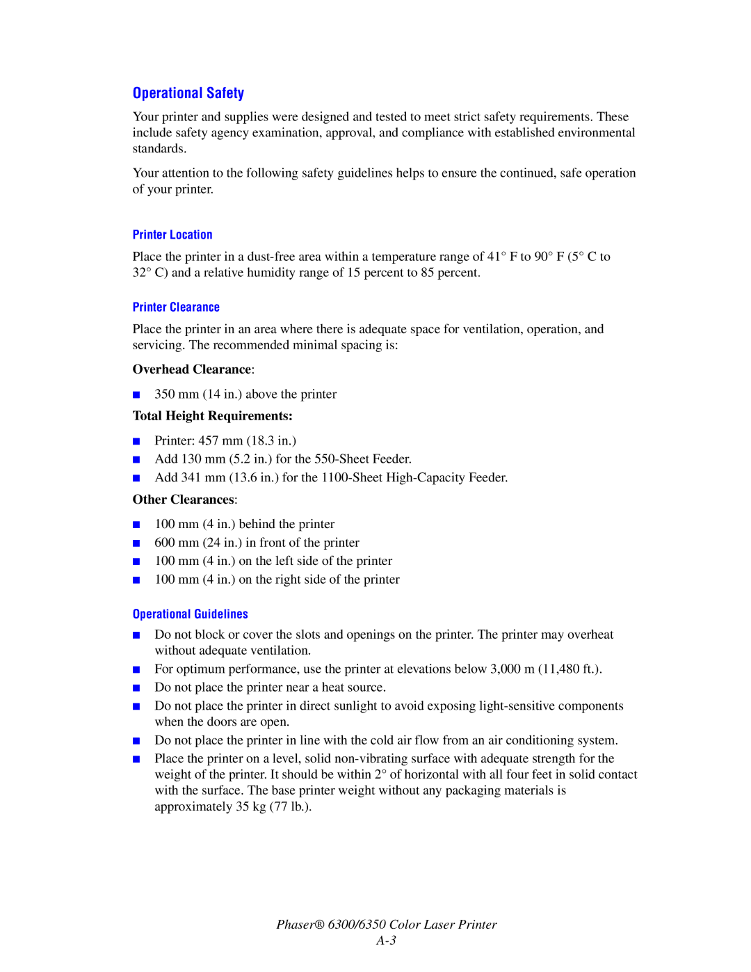 Xerox Phaser 6350, Phaser 6300 manual Operational Safety, Total Height Requirements 