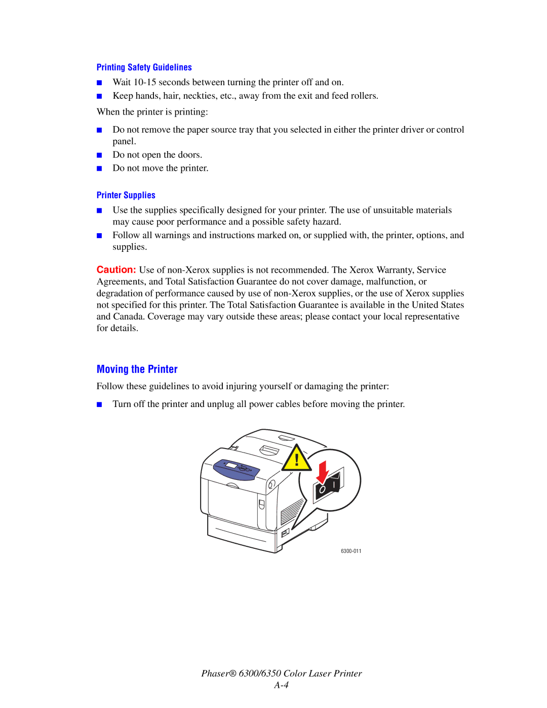 Xerox Phaser 6300, Phaser 6350 manual Moving the Printer 