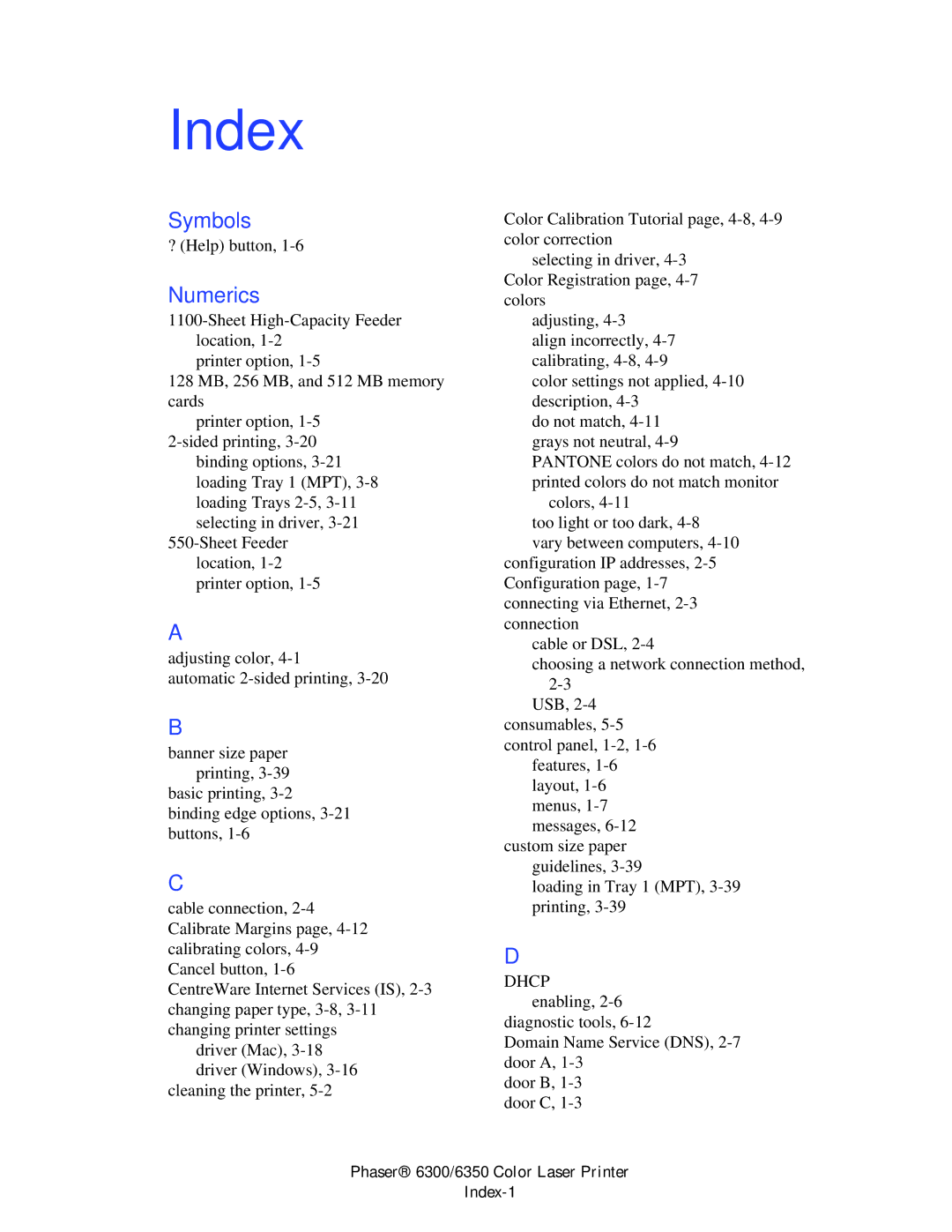 Xerox Phaser 6350, Phaser 6300 manual Index 