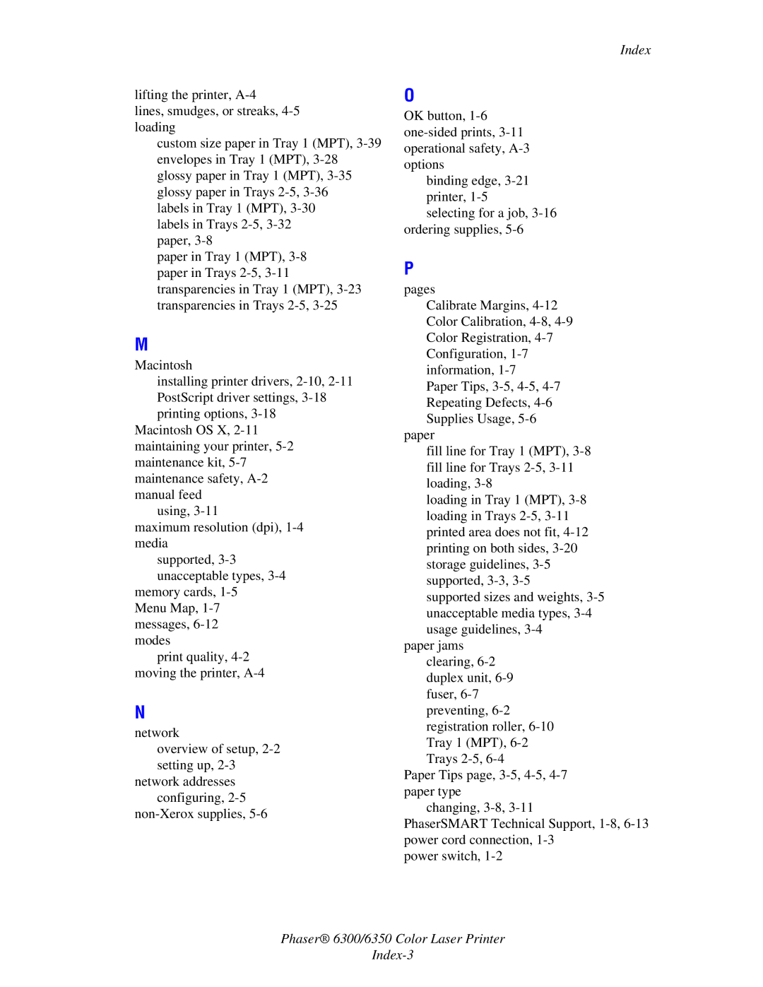 Xerox Phaser 6350 manual Phaser 6300/6350 Color Laser Printer Index-3 