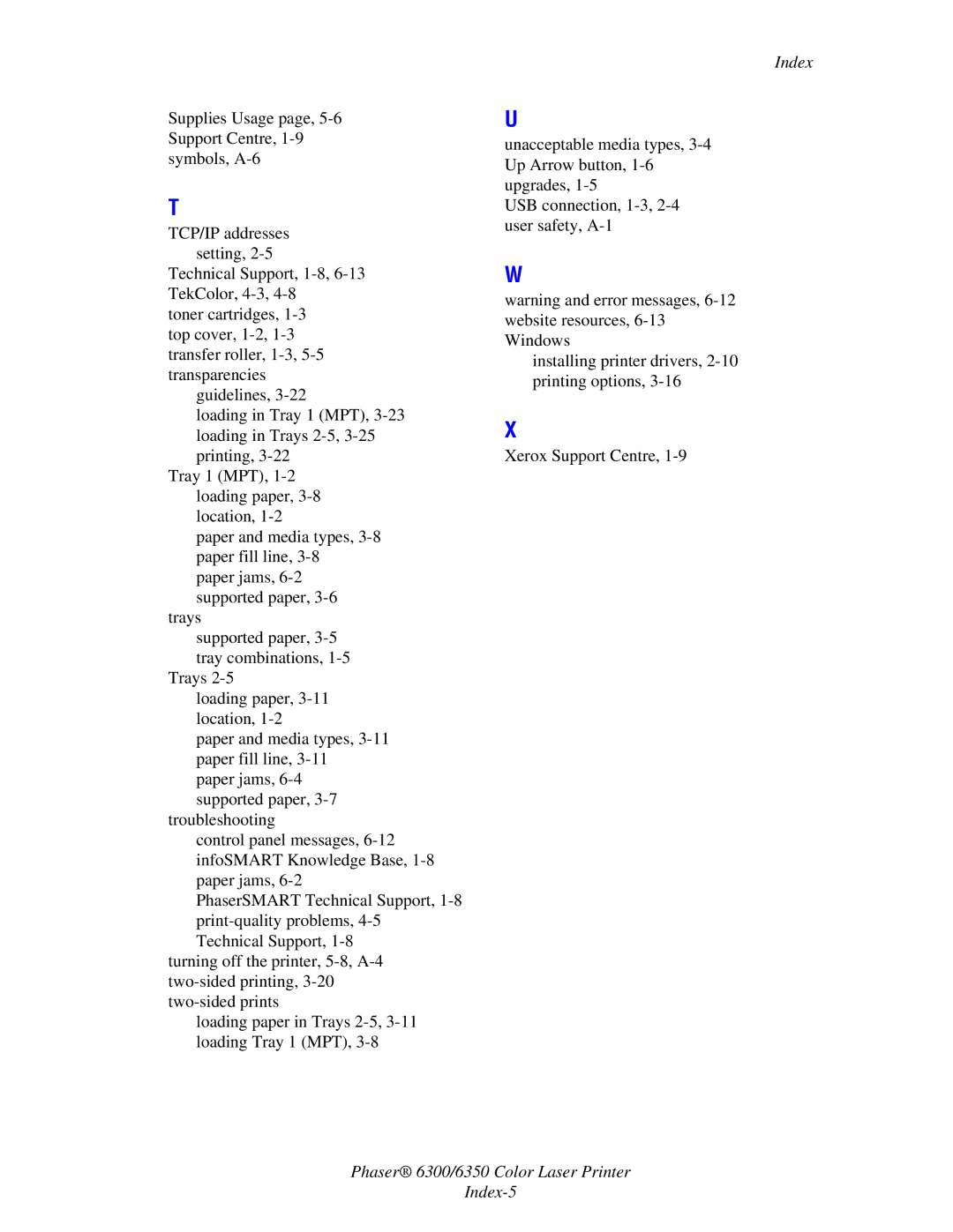 Xerox Phaser 6350 manual Phaser 6300/6350 Color Laser Printer Index-5 
