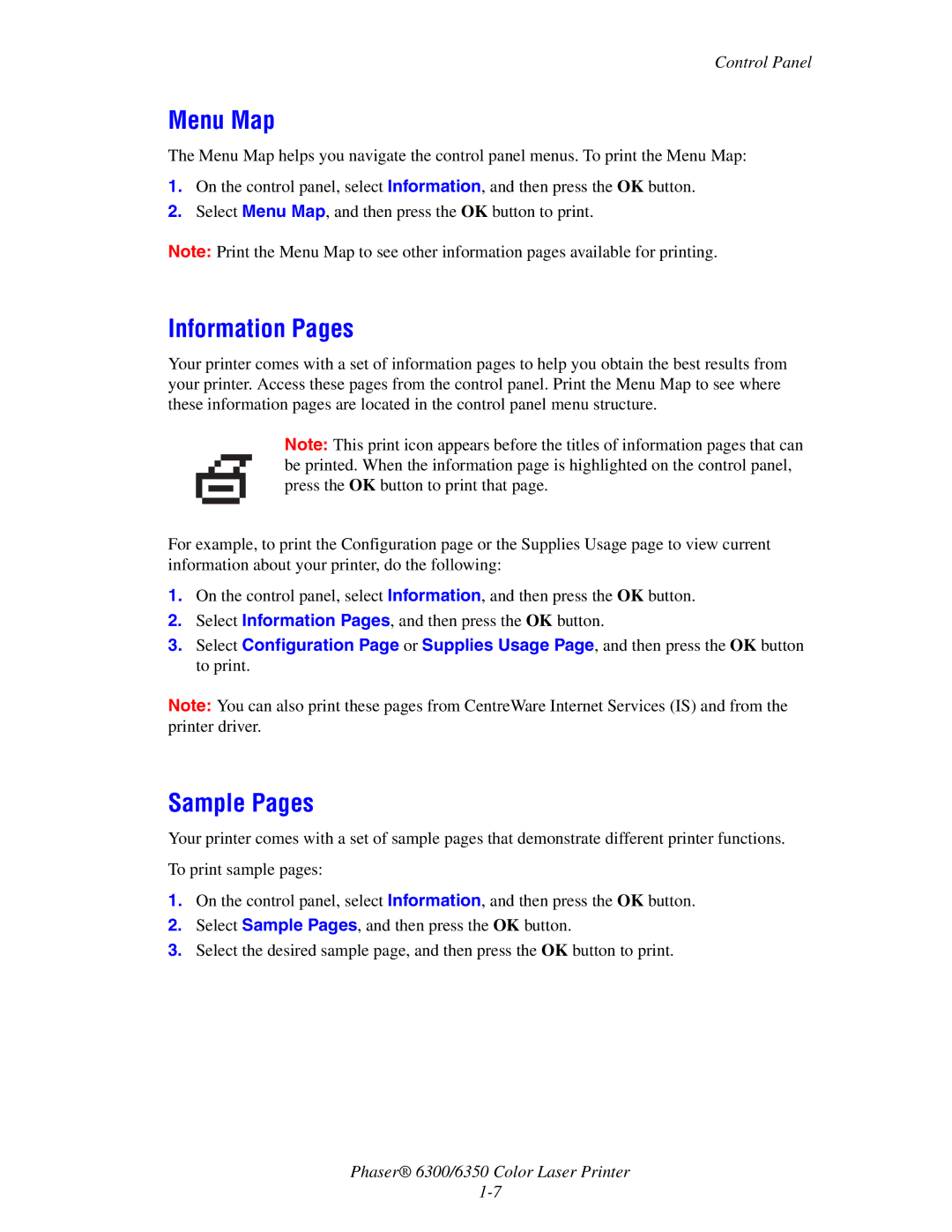 Xerox Phaser 6300, Phaser 6350 manual Menu Map, Information Pages, Sample Pages 