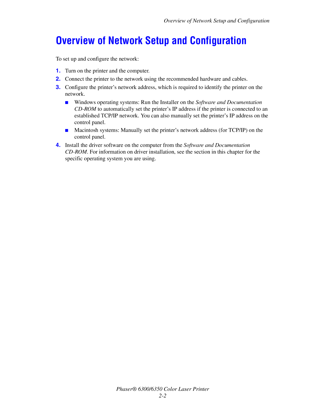 Xerox Phaser 6300, Phaser 6350 manual Overview of Network Setup and Configuration 