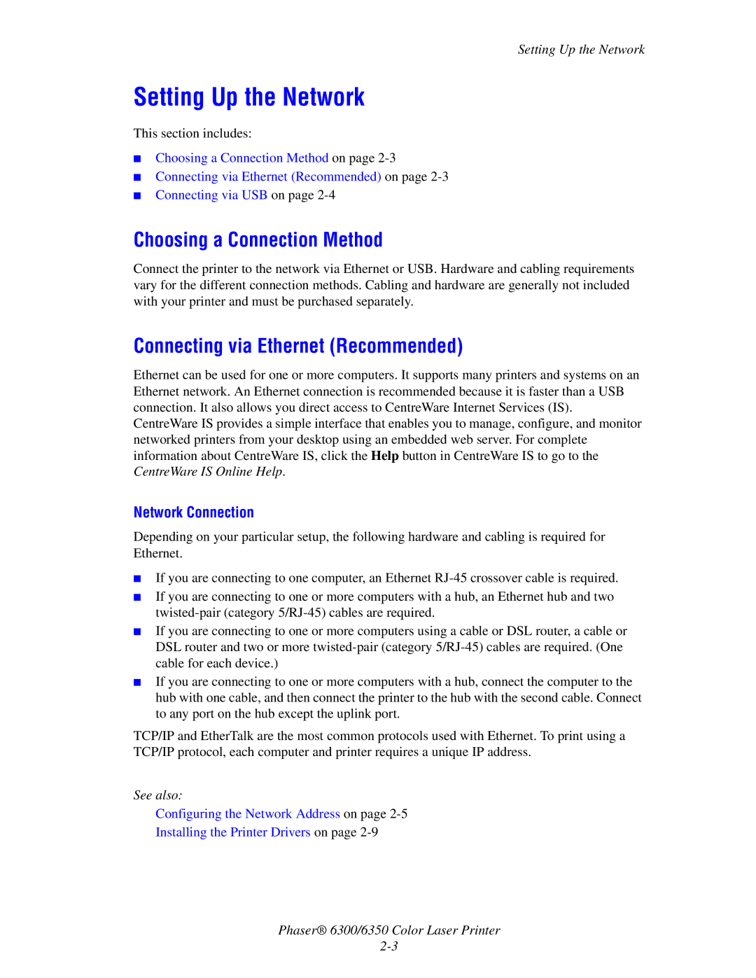 Xerox Phaser 6350, Phaser 6300 Setting Up the Network, Choosing a Connection Method, Connecting via Ethernet Recommended 