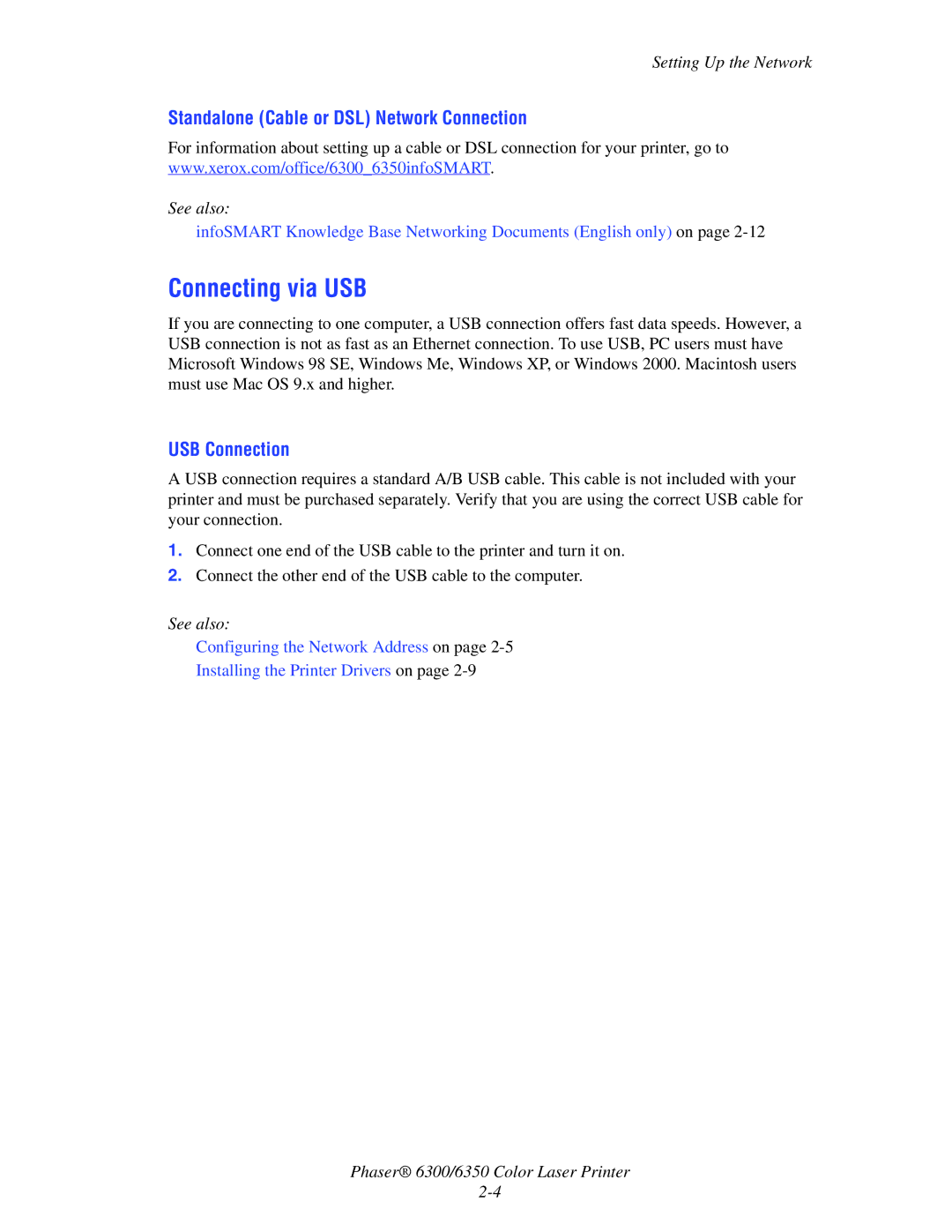 Xerox Phaser 6300, Phaser 6350 manual Connecting via USB, Standalone Cable or DSL Network Connection, USB Connection 