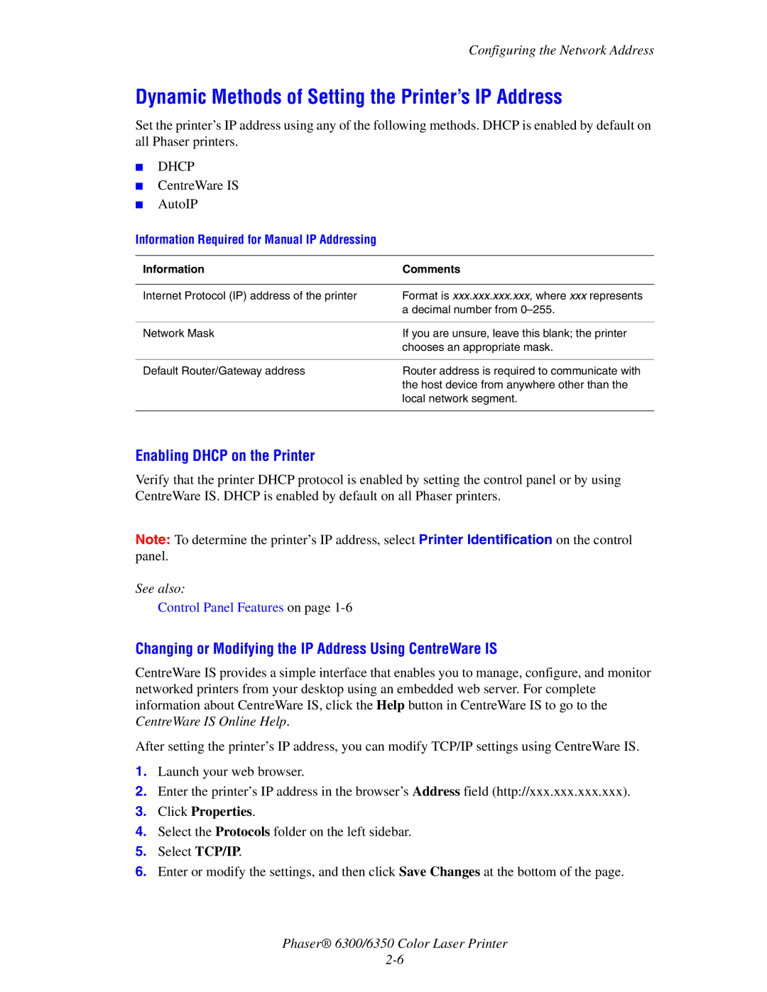 Xerox Phaser 6300 Dynamic Methods of Setting the Printer’s IP Address, Enabling Dhcp on the Printer, Information Comments 