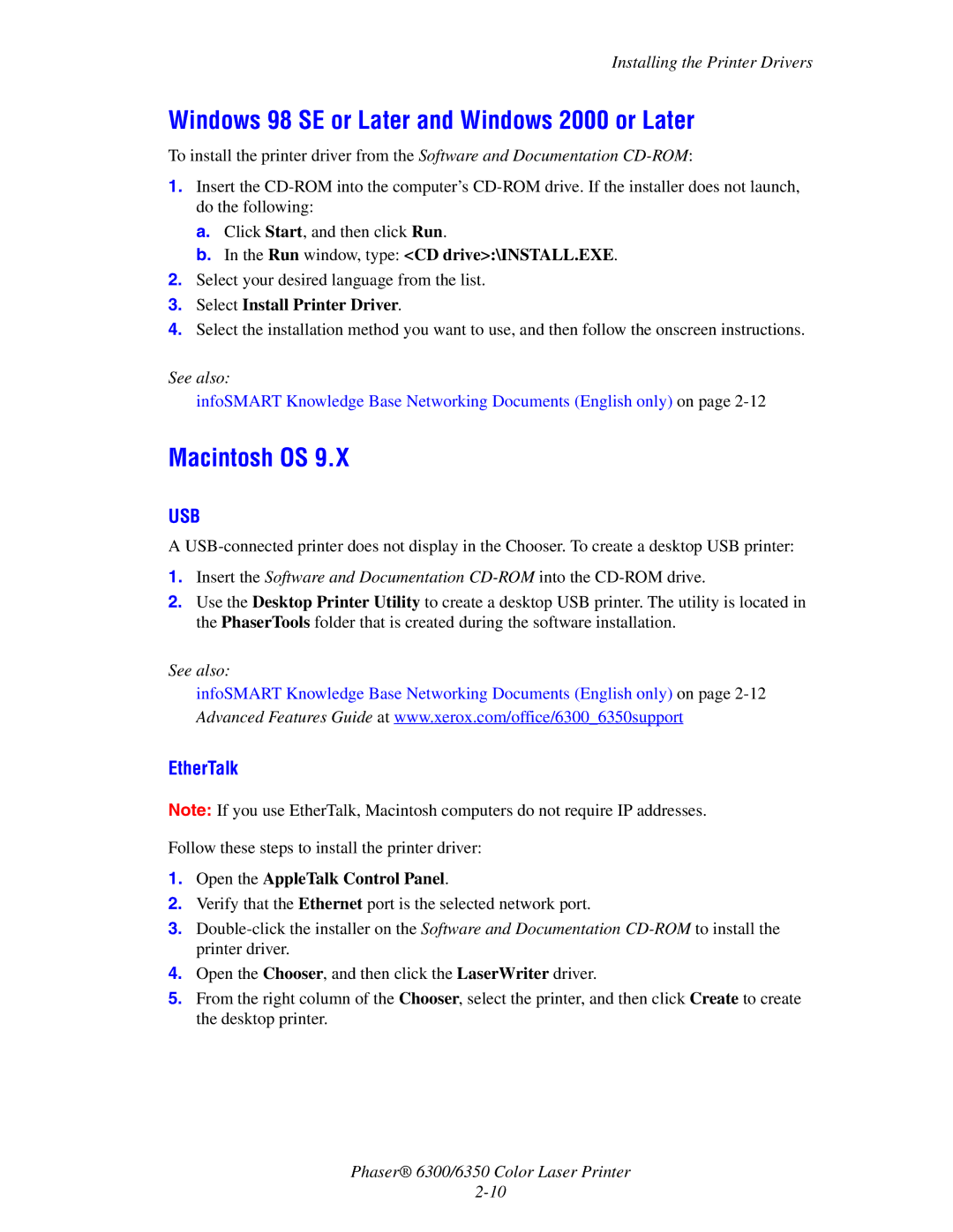 Xerox Phaser 6300, Phaser 6350 manual Windows 98 SE or Later and Windows 2000 or Later, Macintosh OS, EtherTalk 