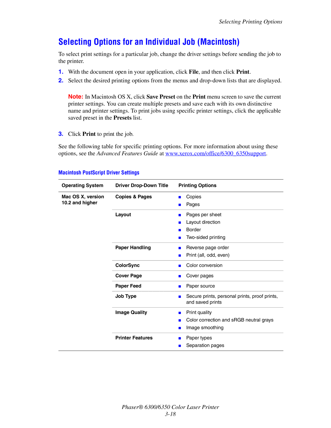 Xerox Phaser 6300, Phaser 6350 manual Selecting Options for an Individual Job Macintosh 