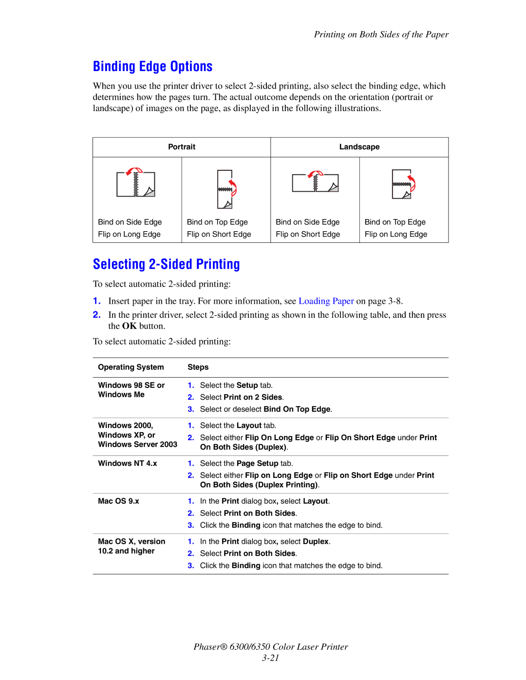 Xerox Phaser 6350, Phaser 6300 manual Binding Edge Options, Selecting 2-Sided Printing, Portrait Landscape 