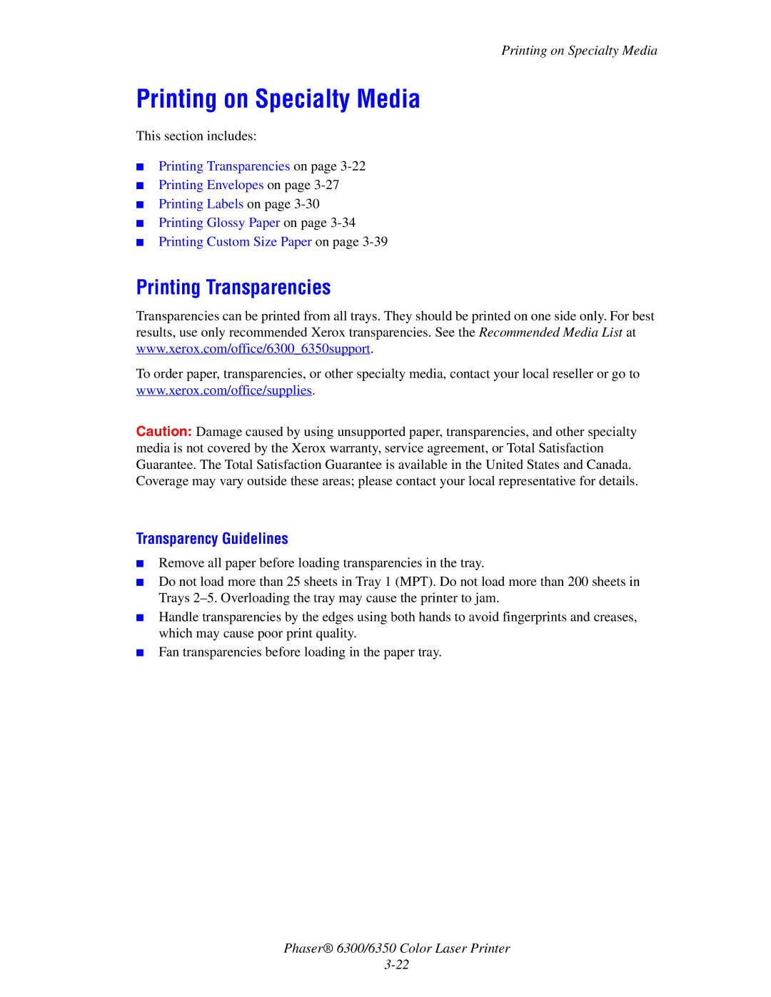 Xerox Phaser 6300, Phaser 6350 manual Printing on Specialty Media, Printing Transparencies, Transparency Guidelines 