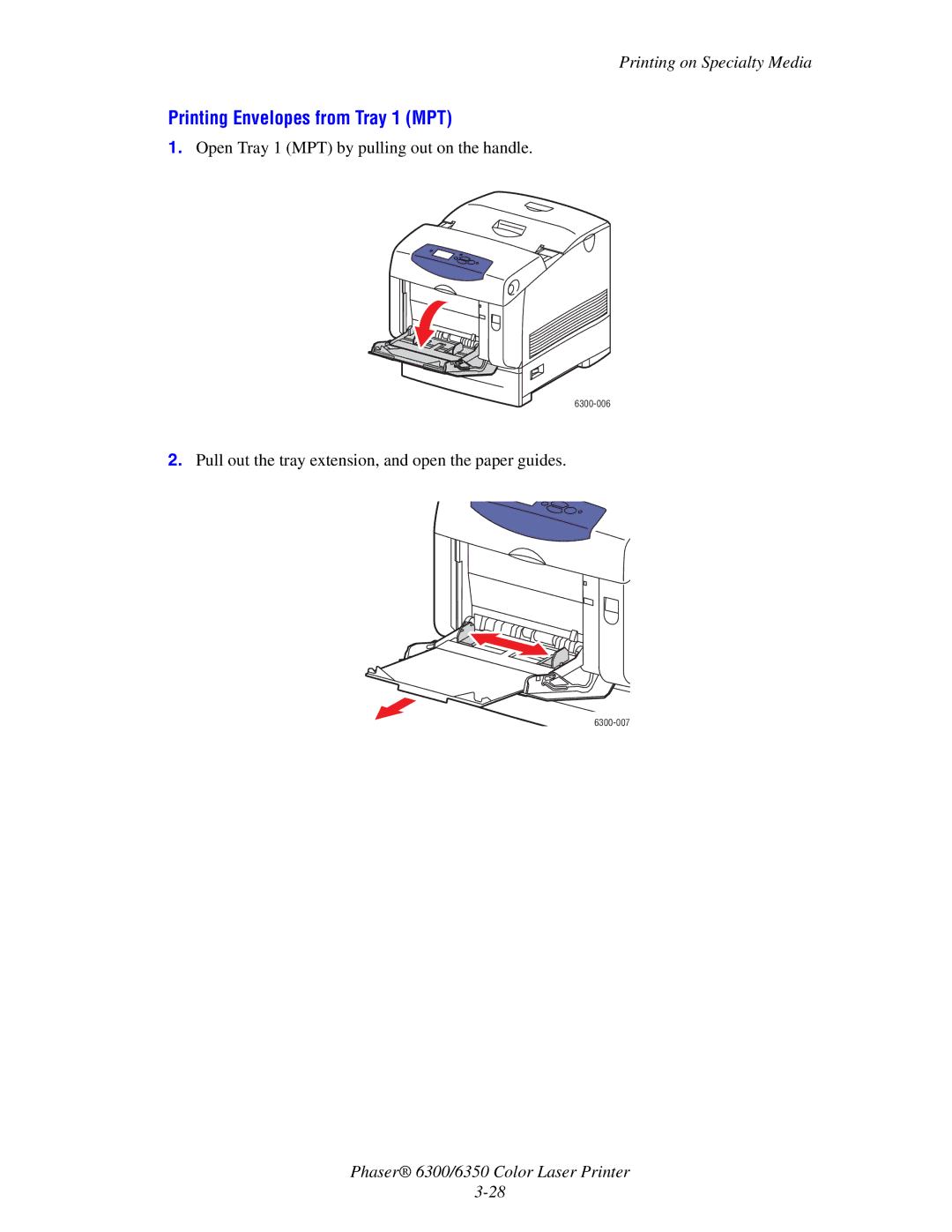 Xerox Phaser 6300, Phaser 6350 manual Printing Envelopes from Tray 1 MPT 