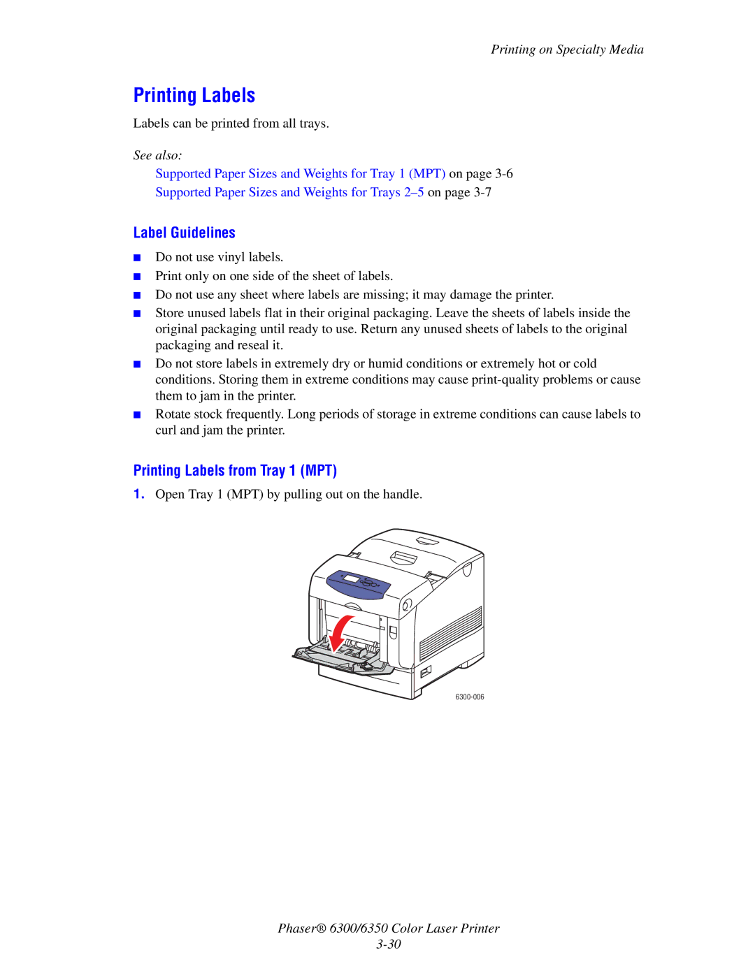 Xerox Phaser 6300, Phaser 6350 manual Label Guidelines, Printing Labels from Tray 1 MPT 