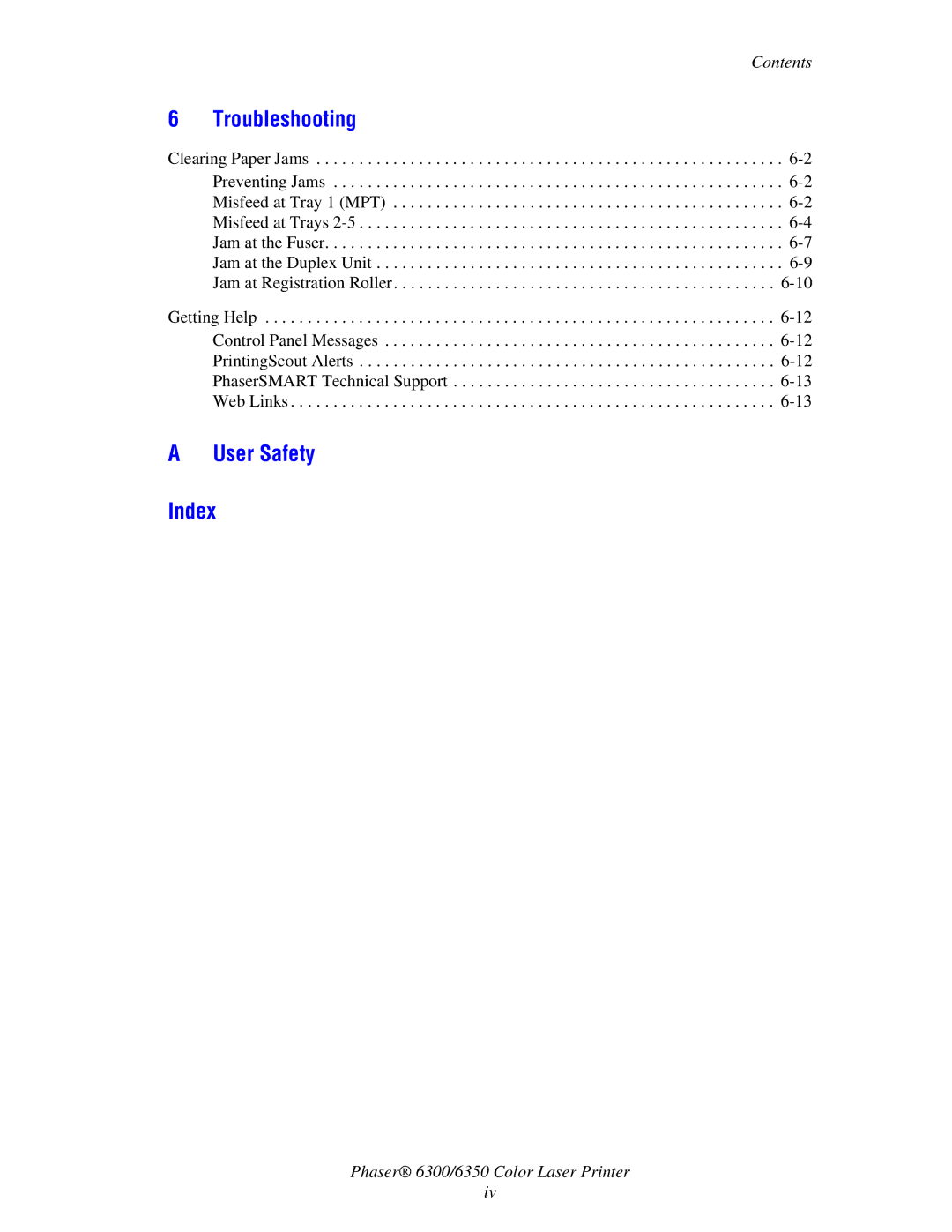 Xerox Phaser 6350, Phaser 6300 manual User Safety Index 