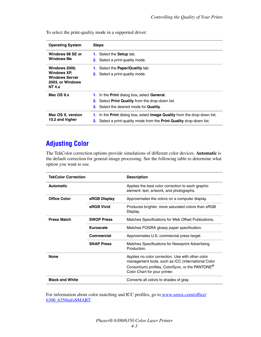 Xerox Phaser 6300, Phaser 6350 manual Adjusting Color 