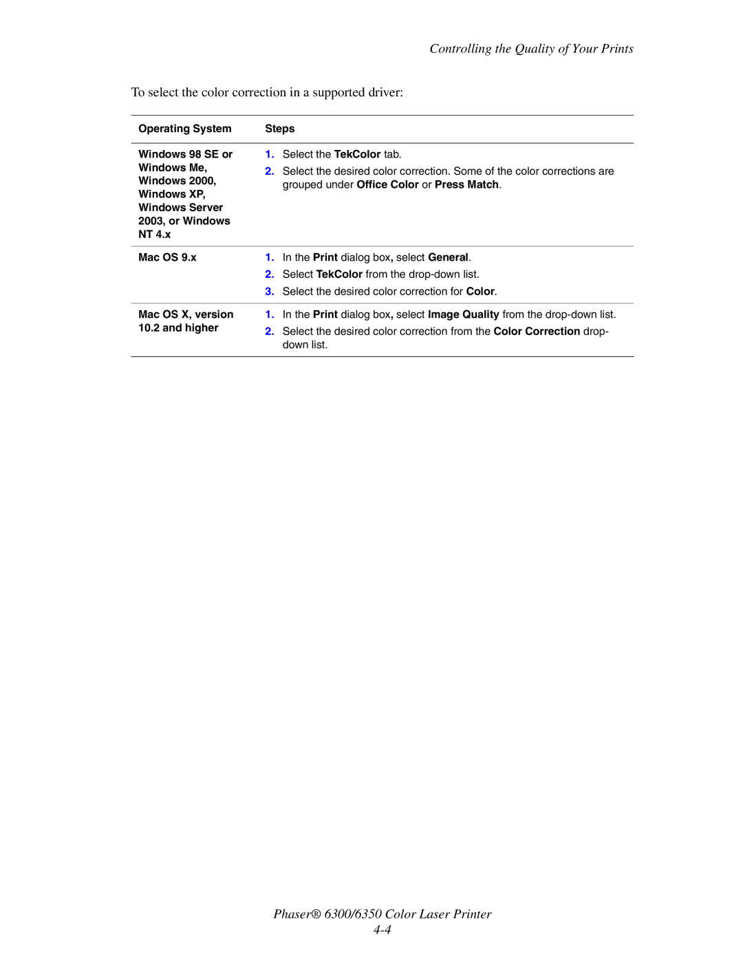 Xerox Phaser 6350, Phaser 6300 manual To select the color correction in a supported driver 