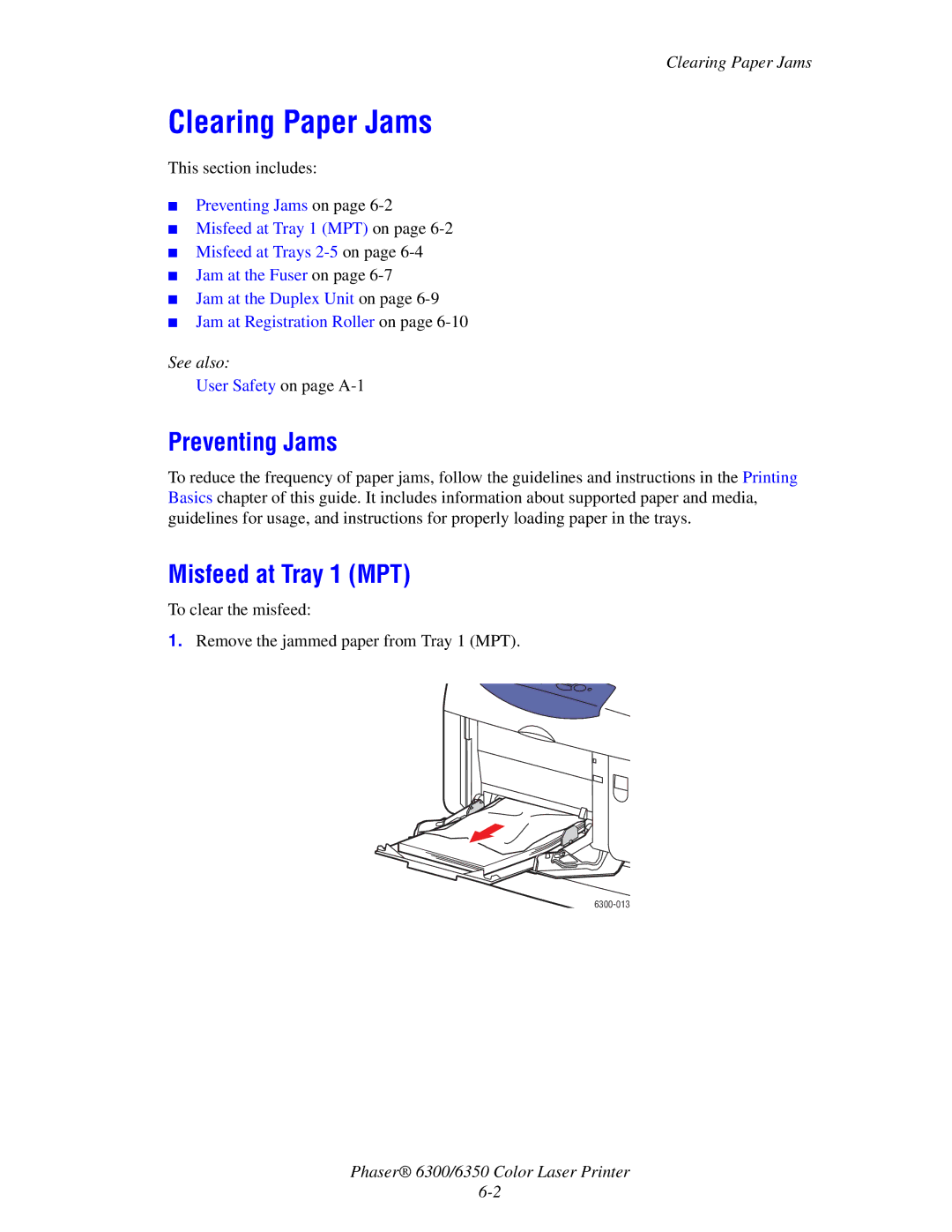 Xerox Phaser 6350, Phaser 6300 manual Clearing Paper Jams, Preventing Jams, Misfeed at Tray 1 MPT 