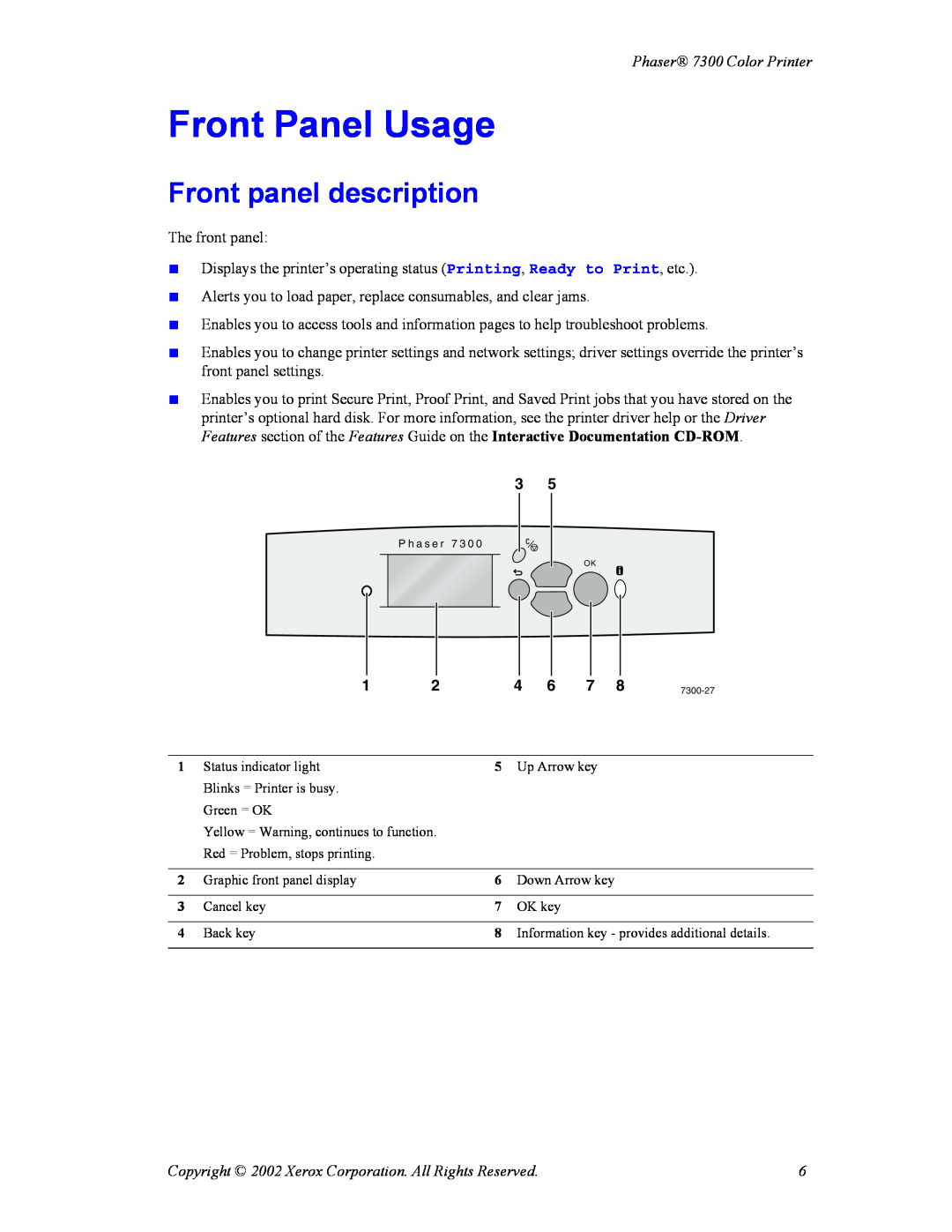 Xerox manual Front panel description, Phaser 7300 Color Printer, Front Panel Usage 