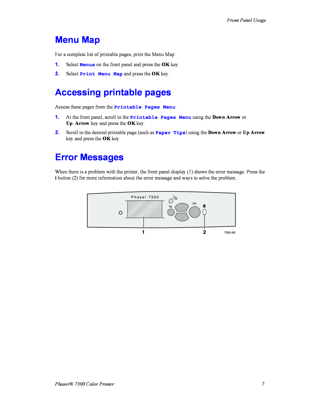 Xerox Phaser 7300 manual Menu Map, Accessing printable pages, Error Messages, Front Panel Usage, 7300-90, Phas1er7300 