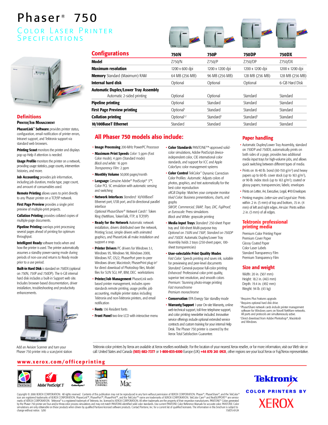 Xerox Phaser 750 Definitions, Paper handling, Size and weight, W. x e r o x . c o m / o f f i c e p r i n t i n g 