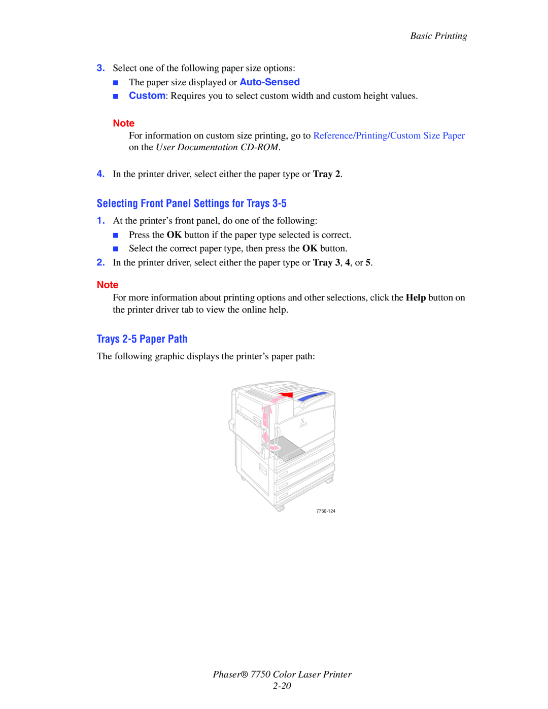 Xerox manual Selecting Front Panel Settings for Trays, Trays 2-5Paper Path, Phaser 7750 Color Laser Printer 2-20 