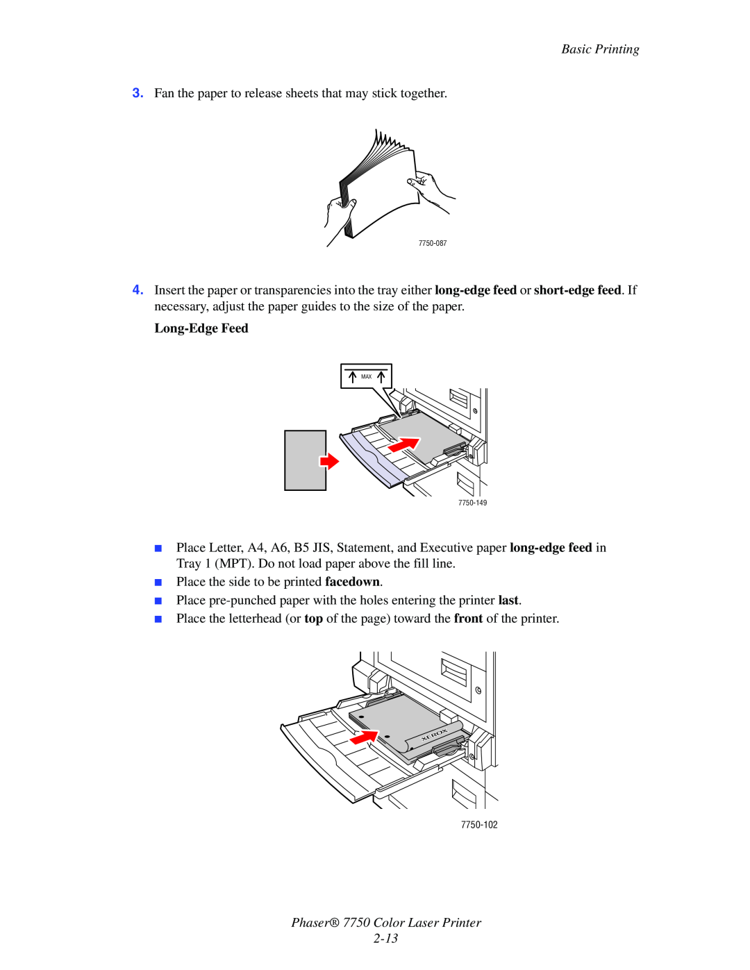 Xerox manual Long-EdgeFeed, Phaser 7750 Color Laser Printer, Basic Printing 