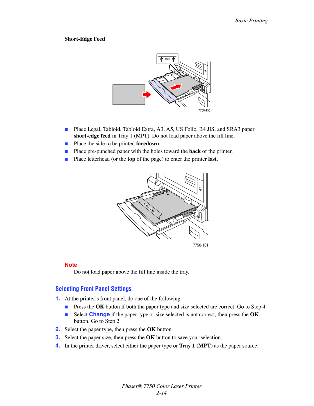 Xerox manual Selecting Front Panel Settings, Short-EdgeFeed, Phaser 7750 Color Laser Printer, Basic Printing 