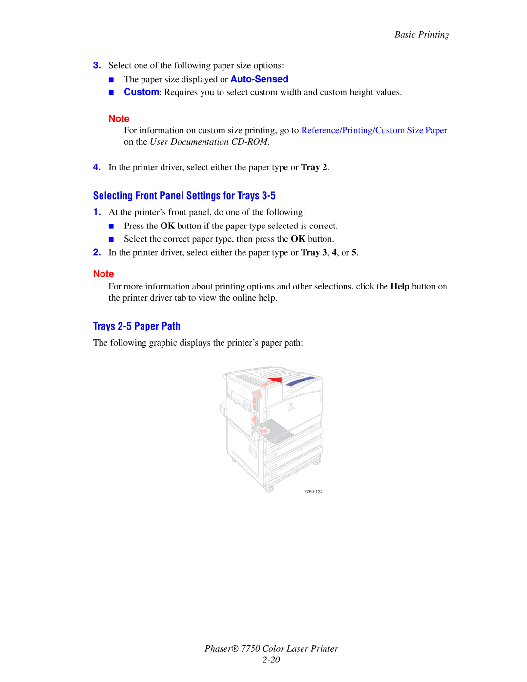 Xerox Phaser 7750 manual Selecting Front Panel Settings for Trays, Trays 2-5 Paper Path 