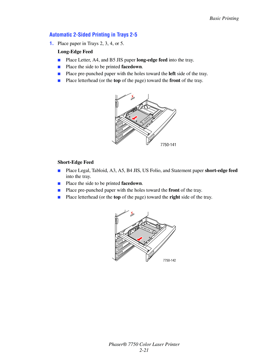 Xerox Phaser 7750 manual Automatic 2-Sided Printing in Trays 