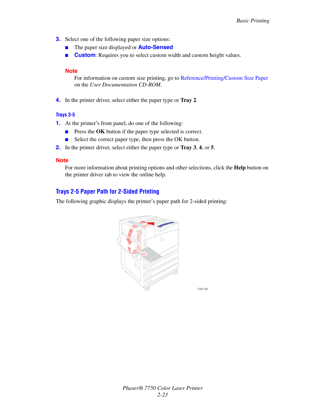 Xerox Phaser 7750 manual Trays 2-5 Paper Path for 2-Sided Printing 