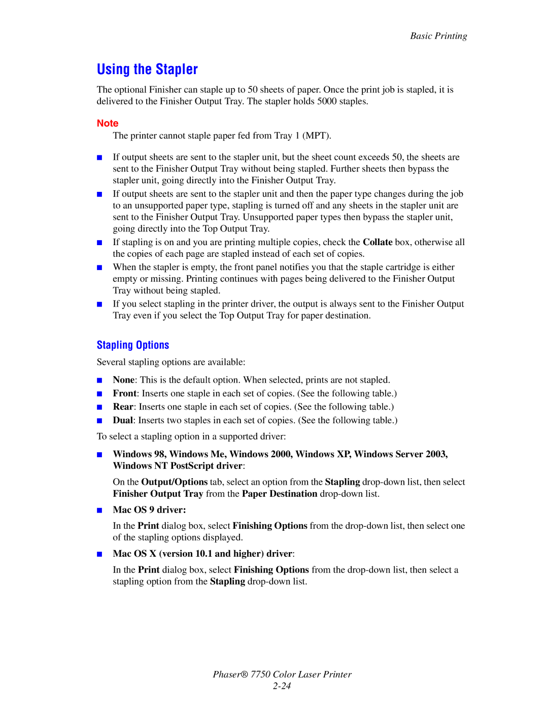 Xerox Phaser 7750 manual Using the Stapler, Stapling Options 