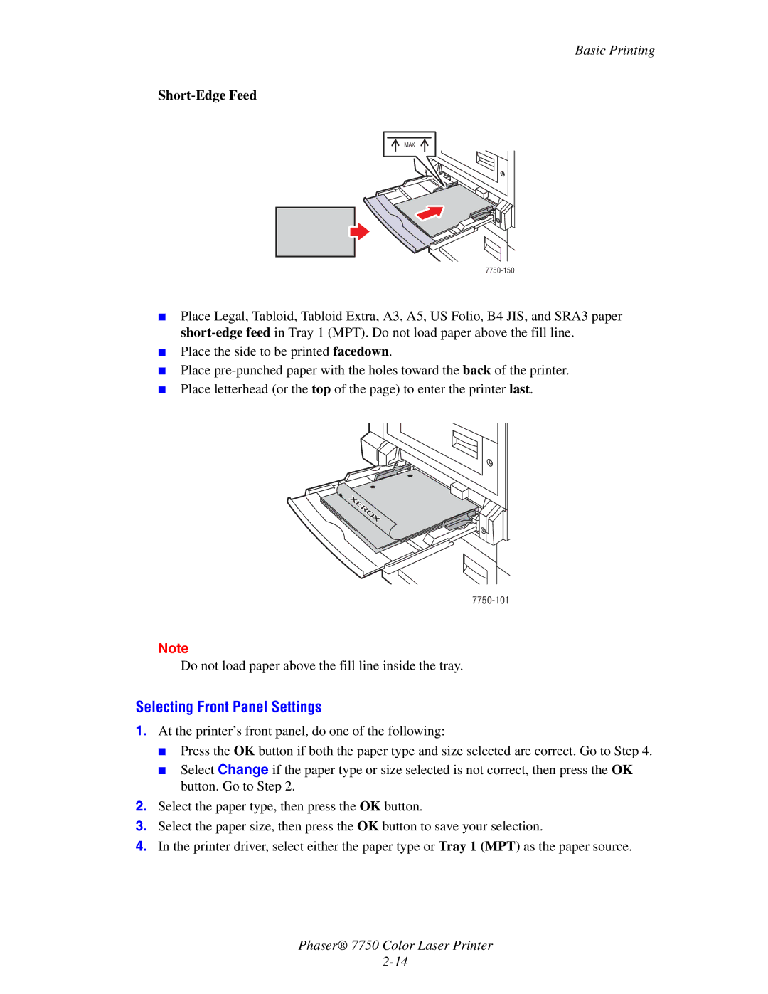 Xerox Phaser 7750 manual Selecting Front Panel Settings, Short-Edge Feed 