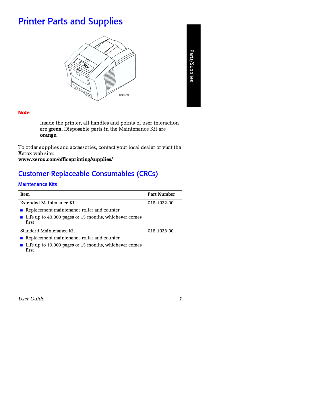 Xerox Phaser 860 manual Printer Parts and Supplies, Customer-Replaceable Consumables CRCs, Parts/Supplies, Maintenance Kits 
