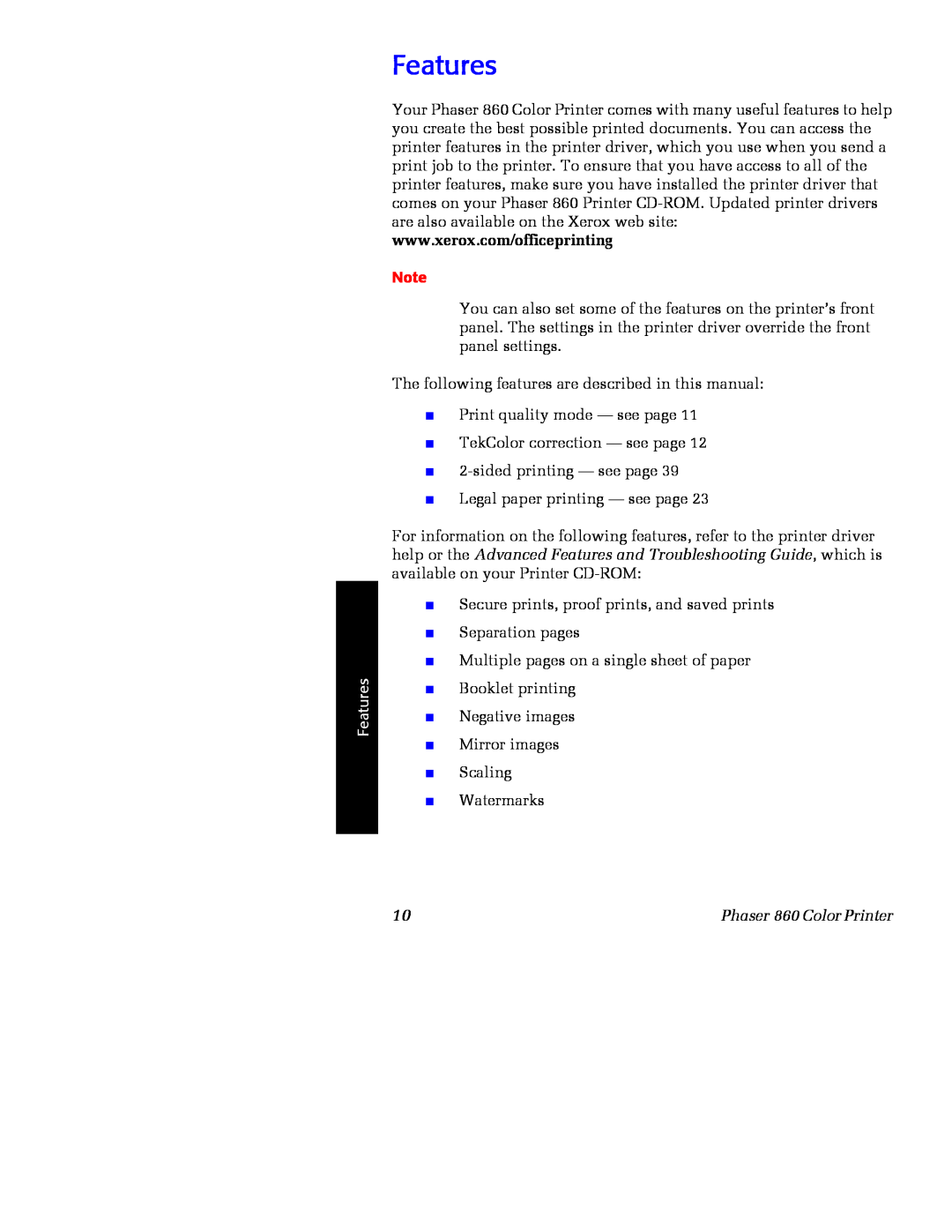 Xerox manual Features, Phaser 860 Color Printer 