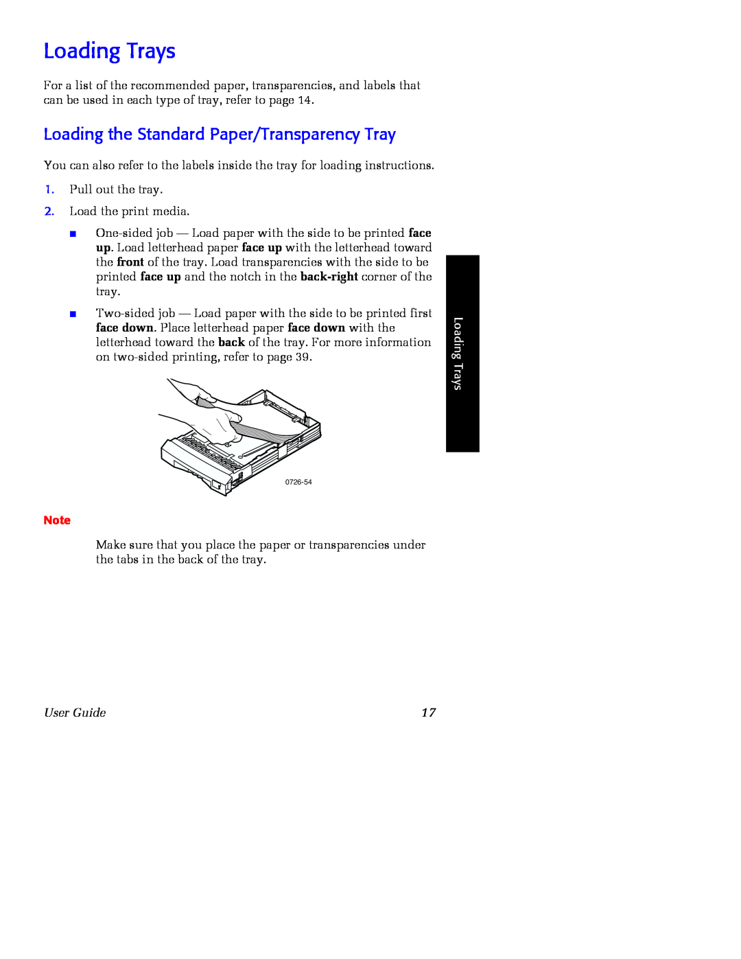 Xerox Phaser 860 manual Loading Trays, Loading the Standard Paper/Transparency Tray, User Guide 