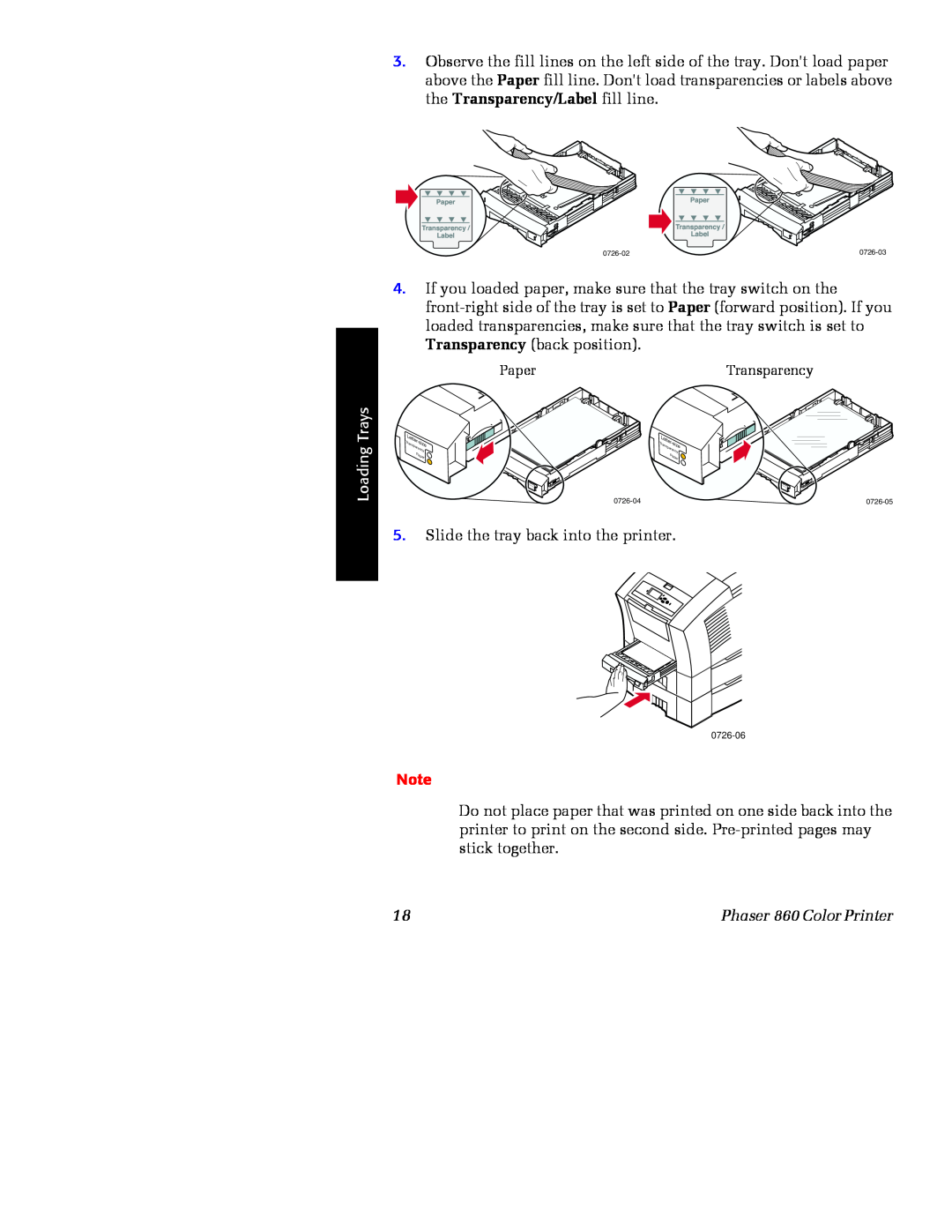Xerox manual Loading Trays, Slide the tray back into the printer, Phaser 860 Color Printer 