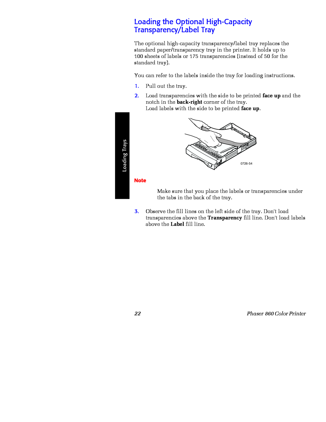 Xerox manual Loading the Optional High-Capacity Transparency/Label Tray, Loading Trays, Phaser 860 Color Printer 