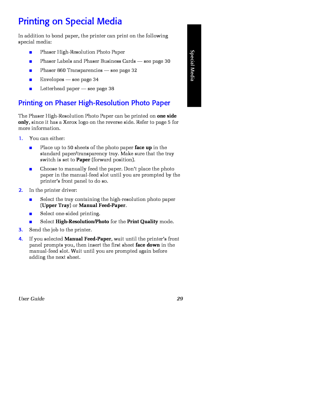 Xerox Phaser 860 manual Printing on Special Media, Printing on Phaser High-Resolution Photo Paper, User Guide 
