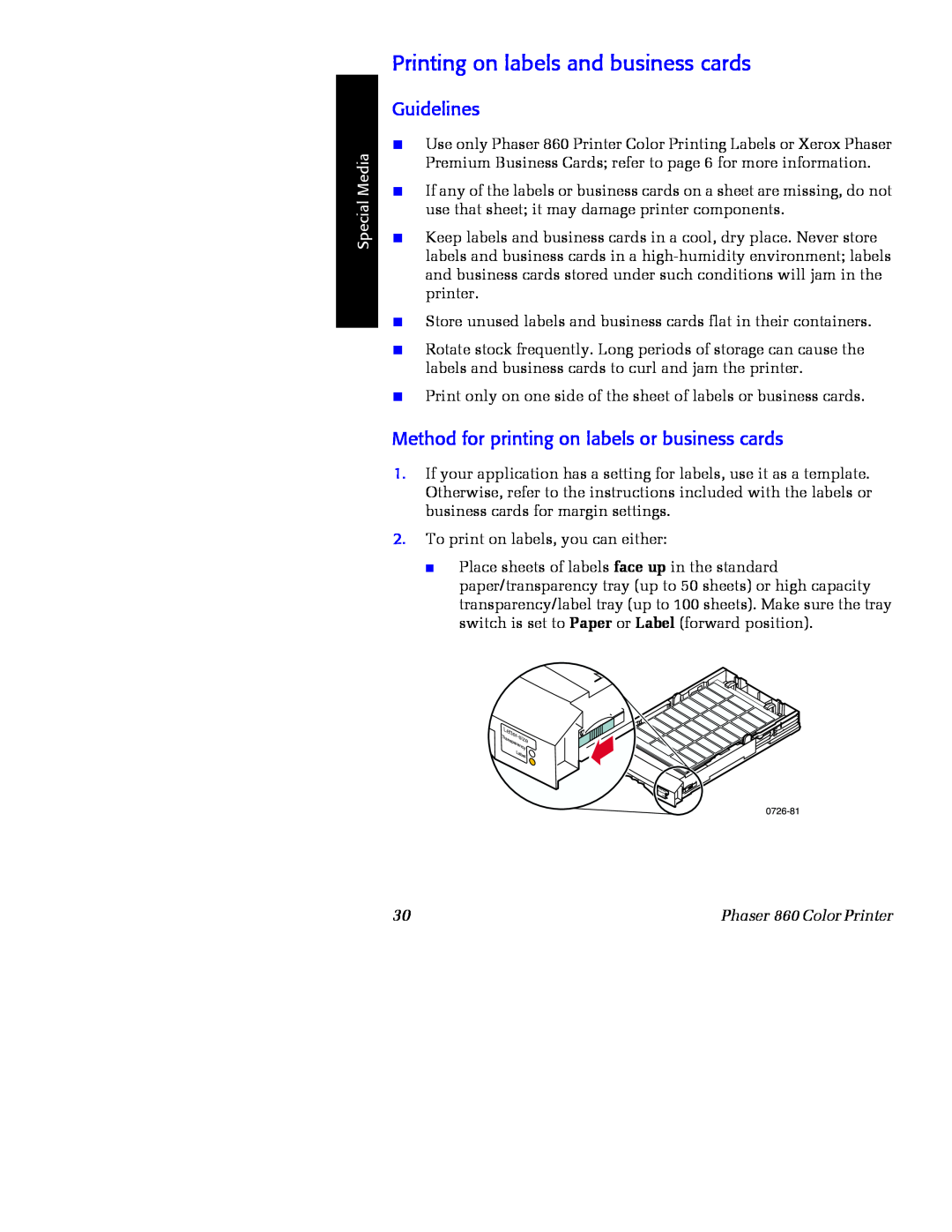 Xerox Phaser 860 manual Printing on labels and business cards, Label, Transpa rency, 0726-81, Special Media 