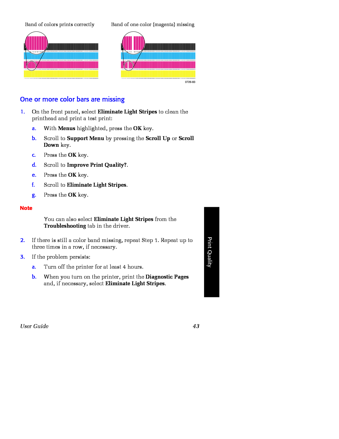 Xerox Phaser 860 manual One or more color bars are missing, d. Scroll to Improve Print Quality?, User Guide 