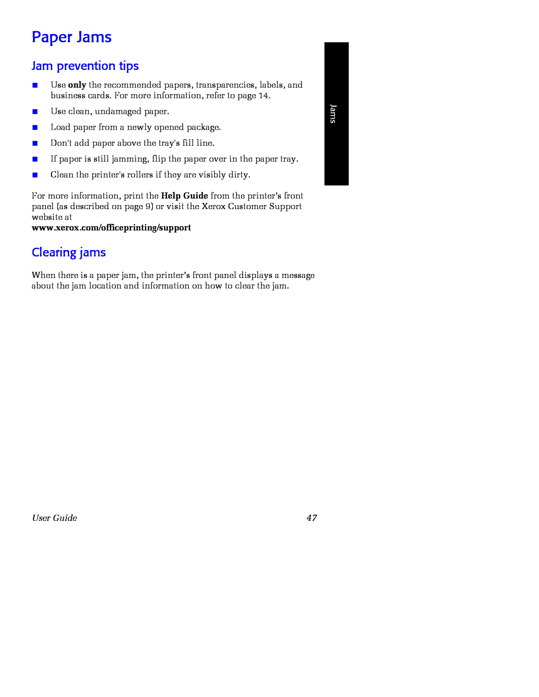Xerox Phaser 860 manual Paper Jams, Jam prevention tips, Clearing jams, User Guide 